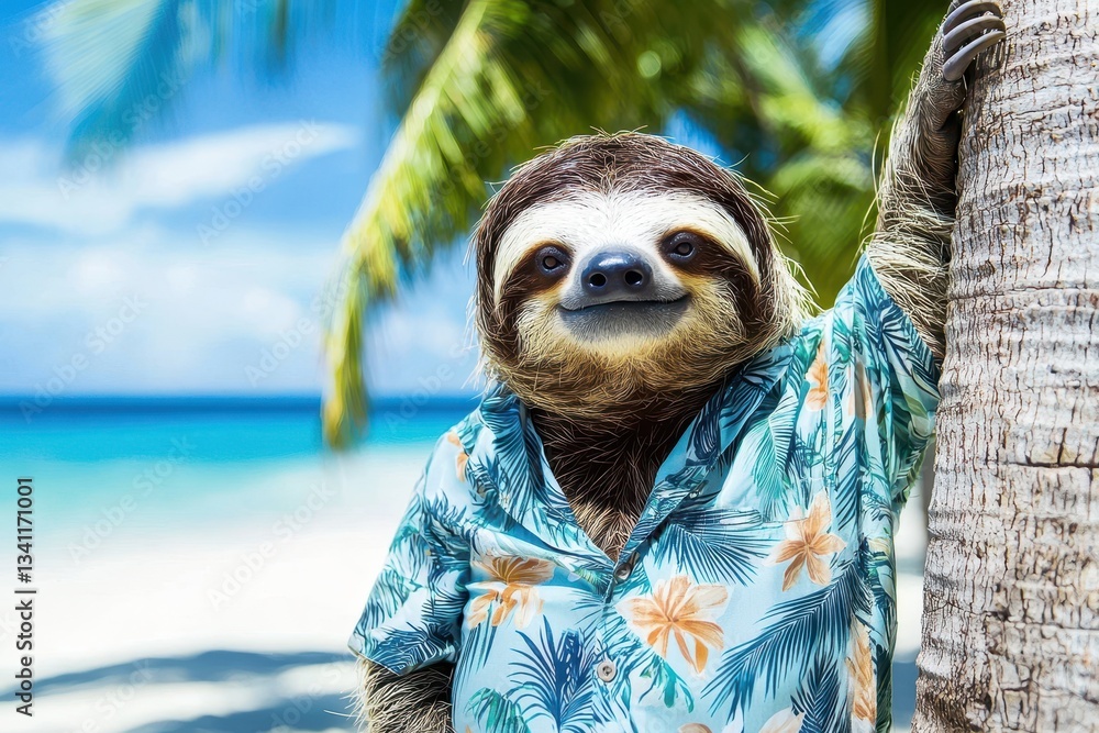 Fototapeta premium Happy Sloth in Loose Hawaiian Shirt Relaxing by the Beach Under Palm Trees