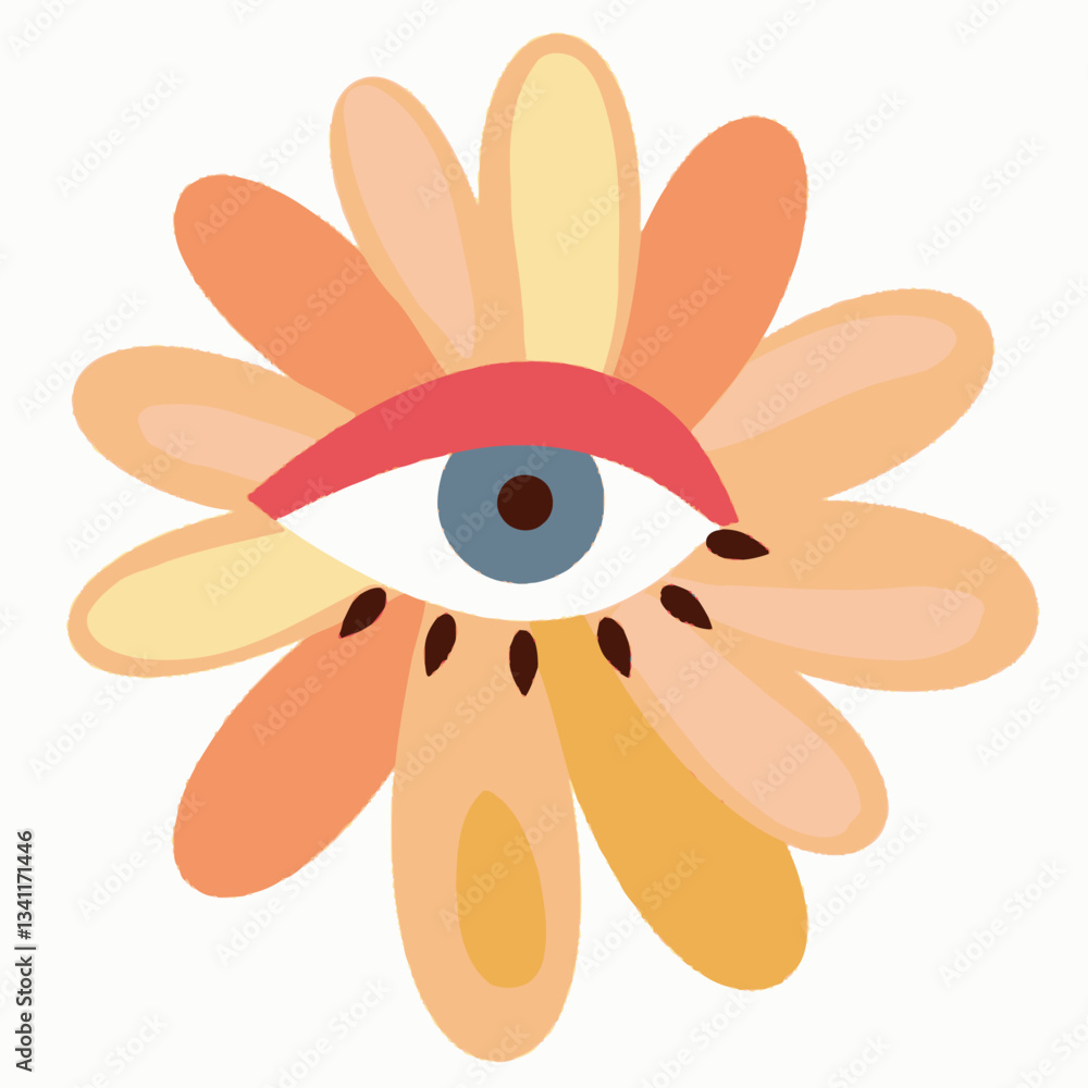 Mystical Bloom: An illustrated close-up of a flower with a single eye in the center, its petals a blend of warm hues against a seamless background. Mystical Bloom: An illustrated close-up of a flower with a single eye in the center, its petals a blend of warm hues against a seamless background.