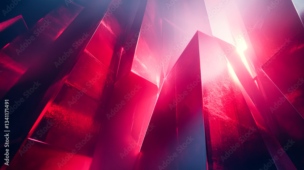 Colorful abstract geometric shapes in shades of red and pink illuminated by soft light
