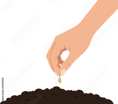 Hand planting a seed in rich soil with a focus on growth, minimal design style, and bright colors, vector art
