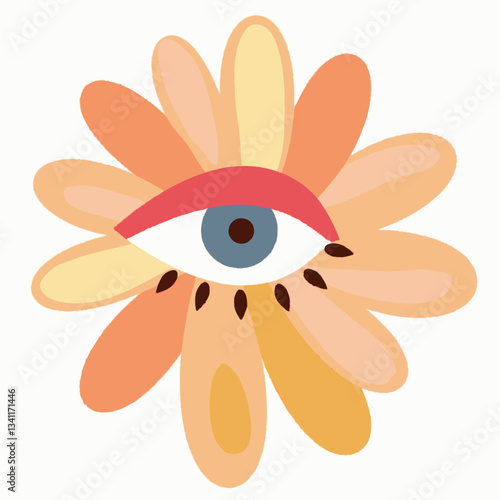 Mystical Bloom: An illustrated close-up of a flower with a single eye in the center, its petals a blend of warm hues against a seamless background.