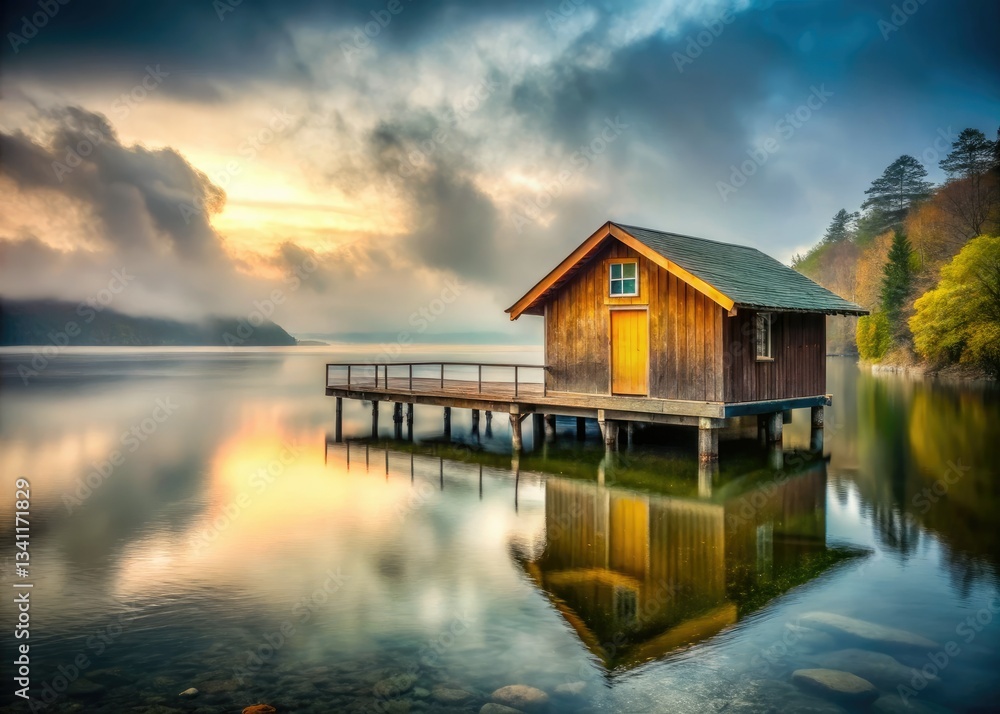 Fototapeta premium Isolated lake house shrouded in fog, a cloudy day's melancholy captured.