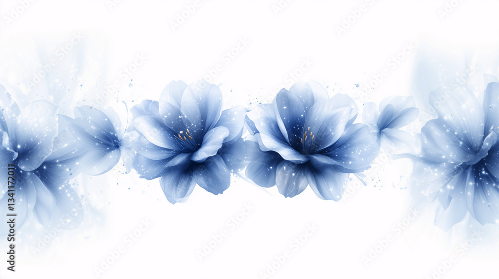 Watercolor blue flowers on a white background. Two large flowers in the center, two on the sides. The top and bottom of the frame remain empty, creating a minimalist balance. Watercolor blue flowers on a white background. Two large flowers in the center, two on the sides. The top and bottom of the frame remain empty, creating a minimalist balance.