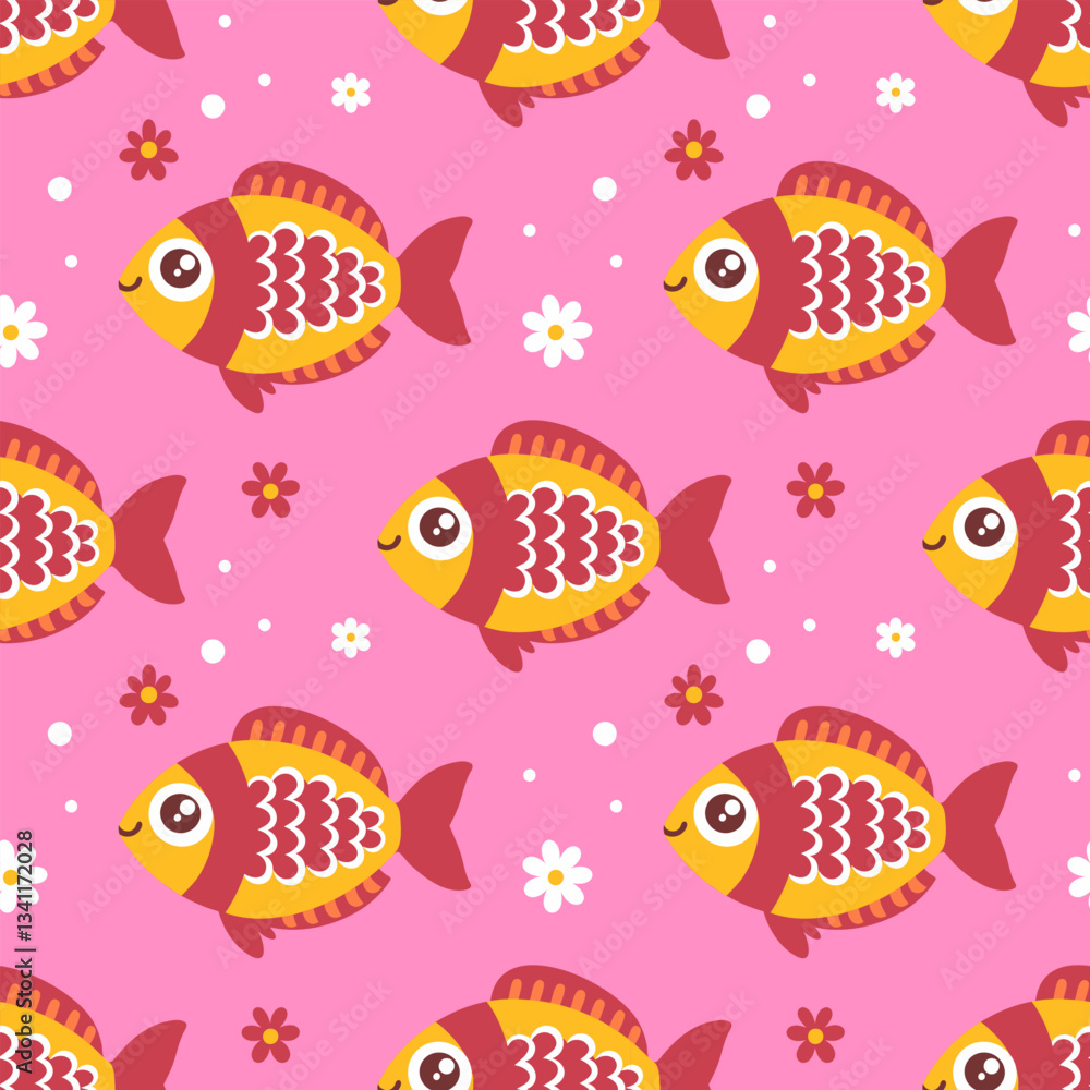 Naklejka premium Seamless pattern with fishes with flowers on pink background. Surface design for textile, fabric.