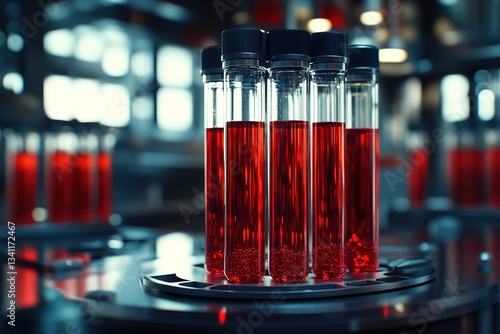 Multiple test tubes filled with red liquid are arranged on a metal rack in a laboratory environment, illuminated by red and blue lights, suggesting blood donation, testing, and analysis