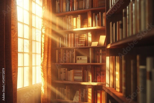 Warm sunlight streams through a window, illuminating a bookshelf filled with numerous books in a cozy home library, creating a peaceful and inviting atmosphere