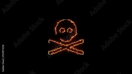 Skull Crossbones neon sign appear in center and disappear after some time, neon danger icon animation on black background, 