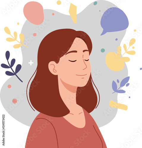 A woman with closed eyes in a relaxed pose surrounded by colorful abstract shapes in a flat vector illustration