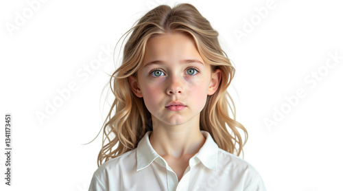 Portrait of a serene blonde girl with blue eyes in white shirt. Isolated on transparent background. Hyperrealistic digital painting style, studio lighting. Ideal for beauty, children,