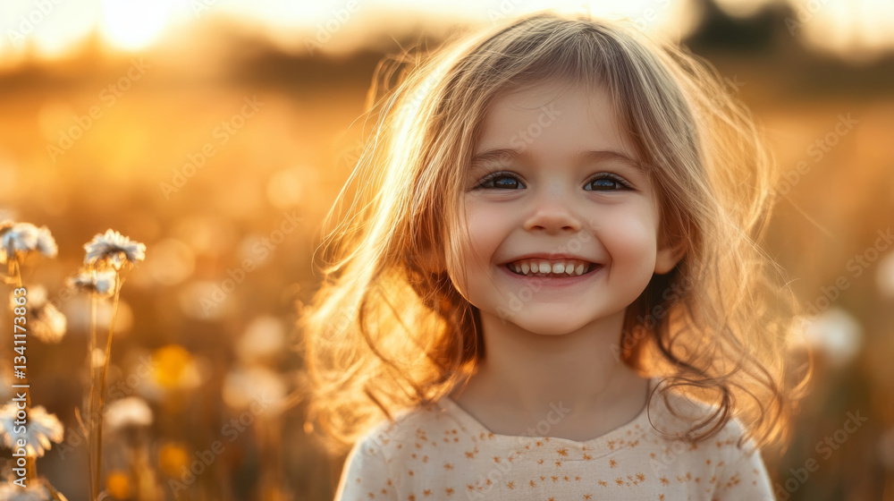 A beautiful little girl smiles brightly in a field of daisies bathed in warm sunset light. A beautiful little girl smiles brightly in a field of daisies bathed in warm sunset light.