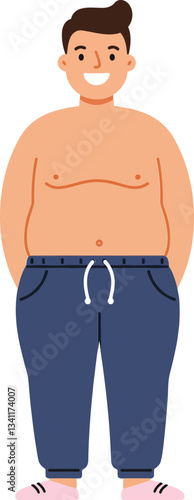 A cheerful young man with a round belly, wearing comfortable pants and sneakers, in a flat design style, showcasing body positivity in vector art