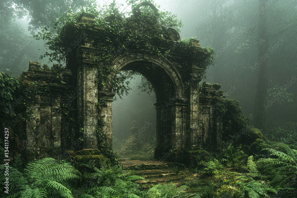 Overgrown stone archway leads into a mystical, fog-shrouded forest path. Overgrown stone archway leads into a mystical, fog-shrouded forest path.