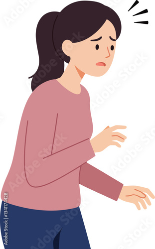 Concerned woman with an anxious expression in a flat design style, showcasing vulnerability and unease in vector art