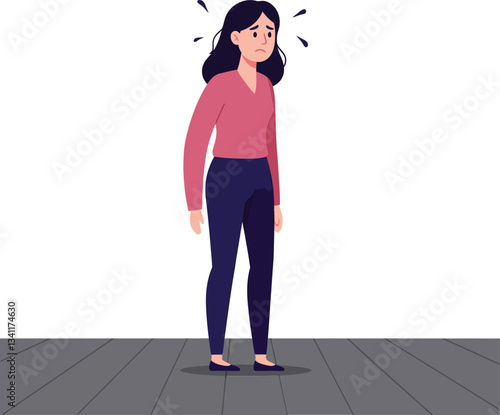 A worried young woman standing on a grey floor with a concerned expression, flat vector illustration capturing her anxious mood and body language in a simple design style vector art