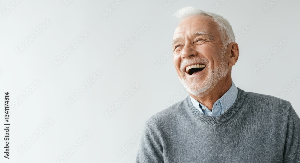 Elderly caucasian male laughing in gray sweater on plain background Elderly caucasian male laughing in gray sweater on plain background