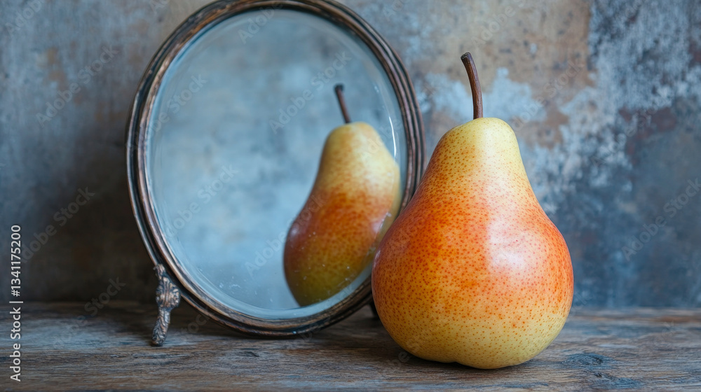 Reflective pear resting beside an antique mirror on rustic wood surface in soft lighting