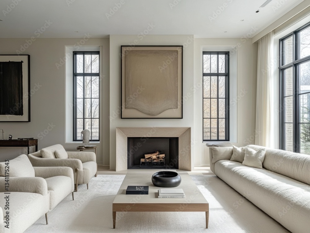 Fototapeta premium A living room with a fireplace and a large painting on the wall. There are two couches and two chairs in the room