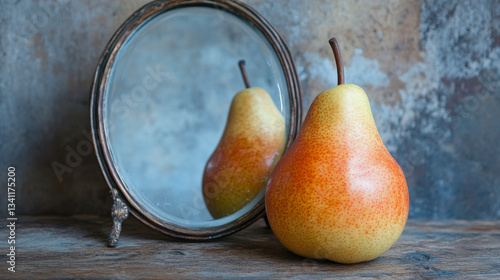 Obraz na płótnie Reflective pear resting beside an antique mirror on rustic wood surface in soft lighting w salonie
