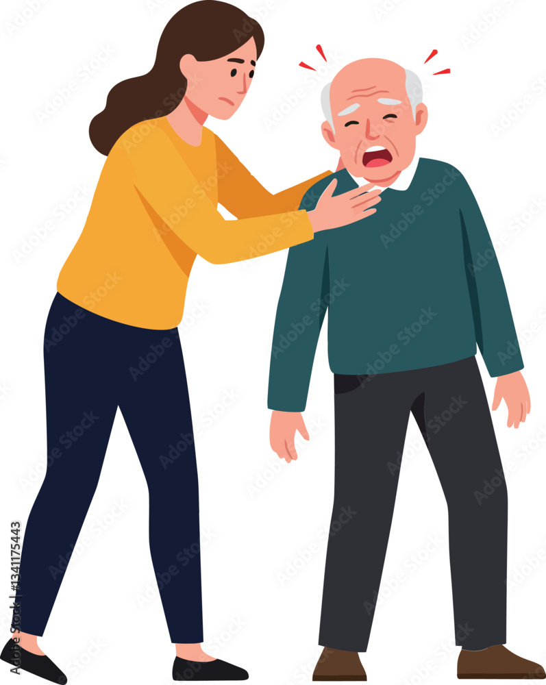 Caring young woman assists distressed elderly man in vibrant flat vector illustration, showcasing compassion and urgency in a domestic setting
