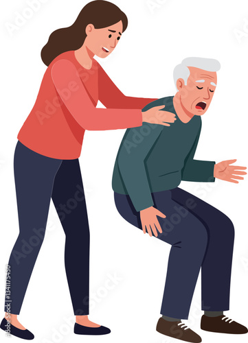 Caring woman assisting elderly man with mobility issues in flat vector illustration conveying support and compassion in a minimalistic style