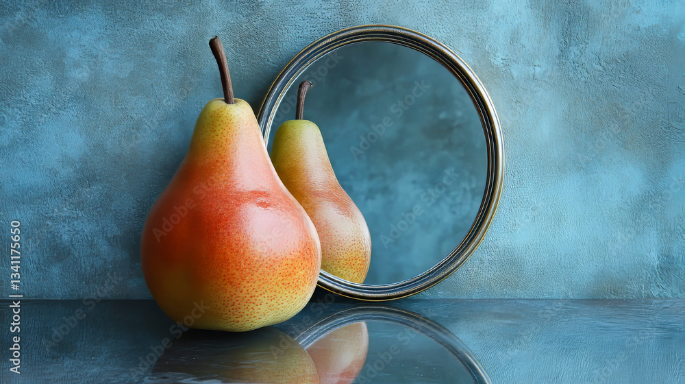 Pears placed next to a circular mirror reflecting their details on a textured surface