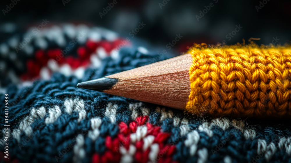Close up of a sharpened pencil resting on a colorful knitted fabric