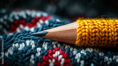 Obraz na płótnie Close up of a sharpened pencil resting on a colorful knitted fabric w salonie