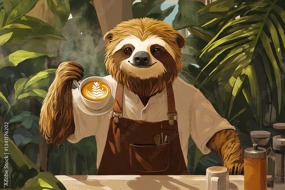 Fototapeta premium Illustration of a sloth barista in a tiny apron, serving a latte with latte art in a cozy jungle café
