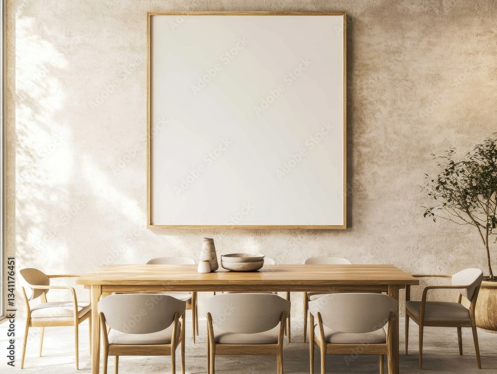 Fototapeta premium A large white framed picture hangs on a wall. A wooden dining table is in front of the picture. There are six chairs around the table. A bowl and a vase are on the table
