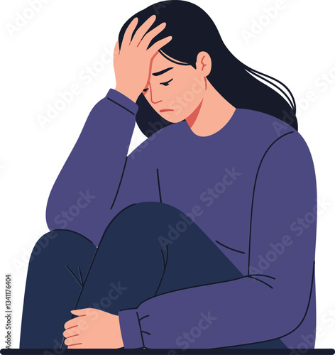 A woman sitting on the floor with her knees pulled up, looking distressed in a minimal flat design vector illustration