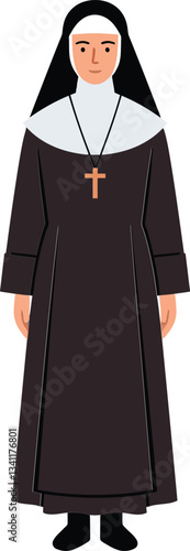 A nun wearing a traditional black habit with a white collar, depicted in a flat design style, showcasing serene expression in vector art