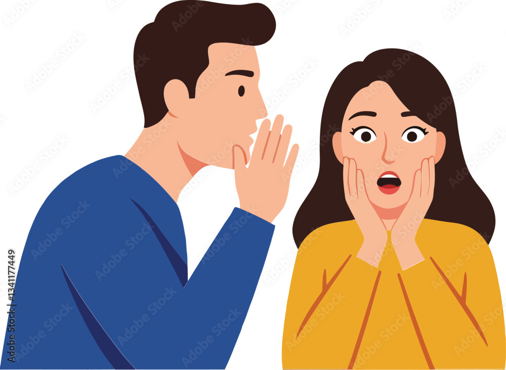 Two people engaged in a secretive conversation, showcasing surprise and intrigue, flat vector art Two people engaged in a secretive conversation, showcasing surprise and intrigue, flat vector art