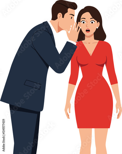 A man in a suit whispering to a surprised woman in a red dress, flat vector illustration capturing intrigue and surprise in a modern setting, vector art