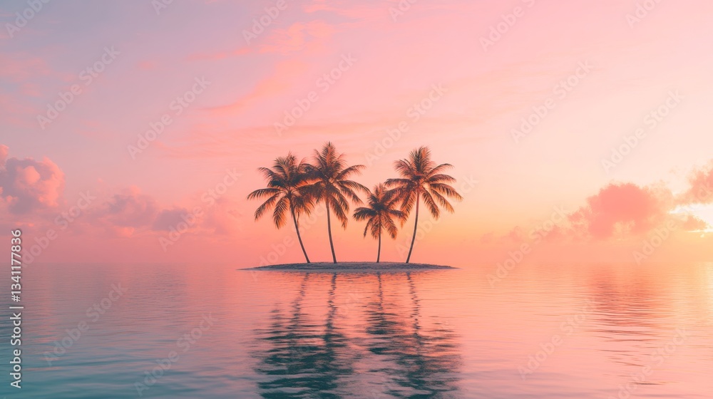 An island with palm trees in the middle of a calm ocean, a pink sky on the sunset. An island with palm trees in the middle of a calm ocean, a pink sky on the sunset.