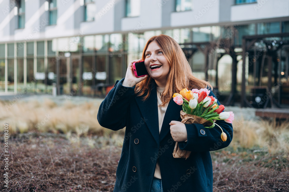 Happy 30s woman with spring tulips flowers bouquet talking on phone and look happy outdoors. Urban lifestyle concept. Spring time. Beautiful female walking on the modern city street.