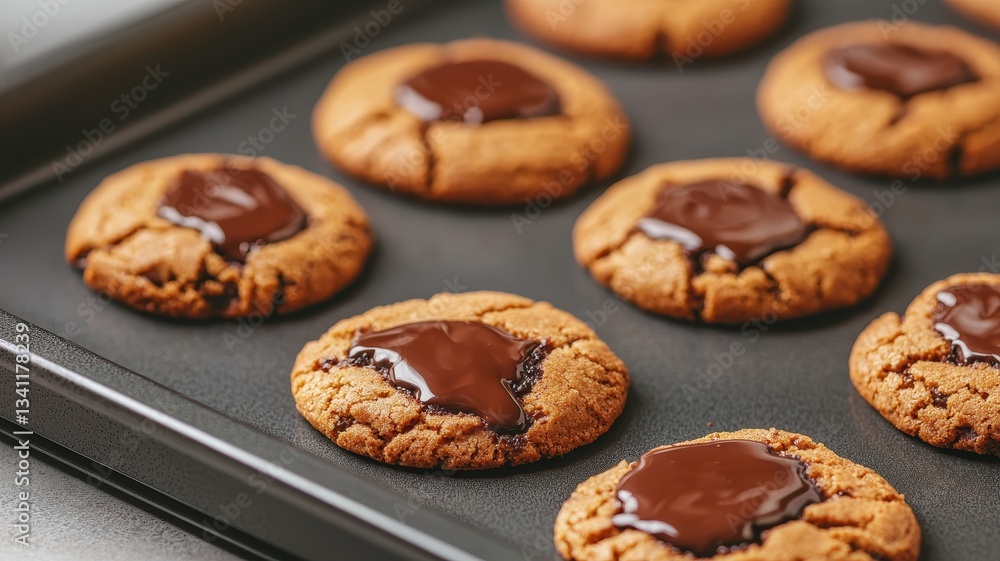 World chocolate day with sweet melting idea. Freshly baked cookies with melted chocolate on a baking tray. World chocolate day with sweet melting idea. Freshly baked cookies with melted chocolate on a baking tray.