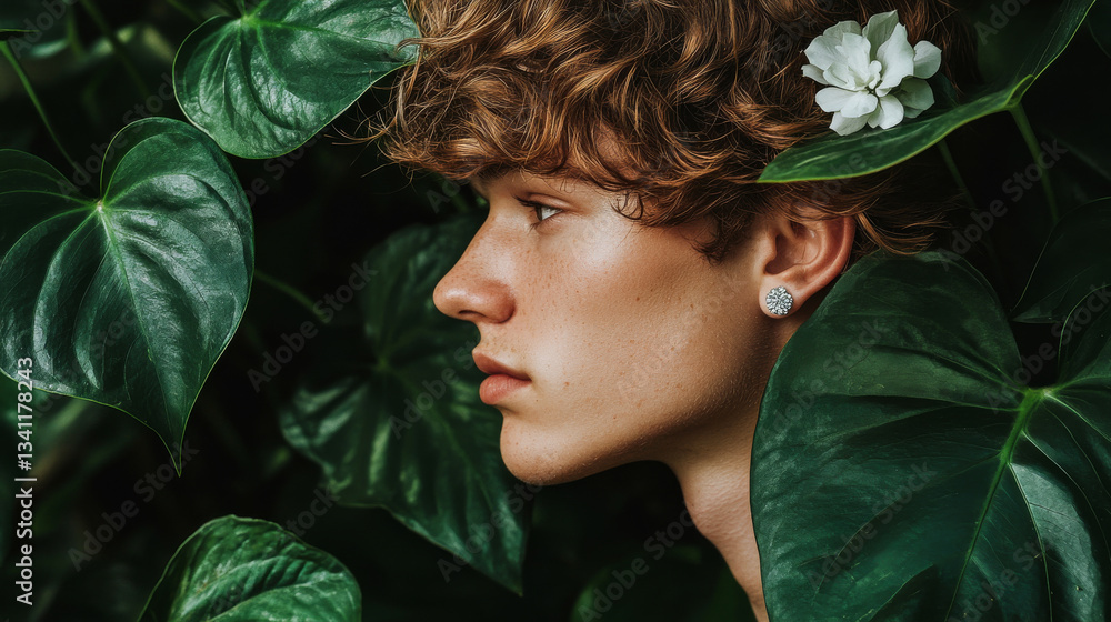 Young person with curly hair surrounded by lush green leaves and a white flower in a natural setting
