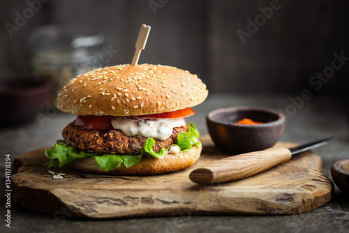 hamburger fait maison et steak végétal flocons d'avoine et haricots rouges, tomate, salade et sauce aux cornichons