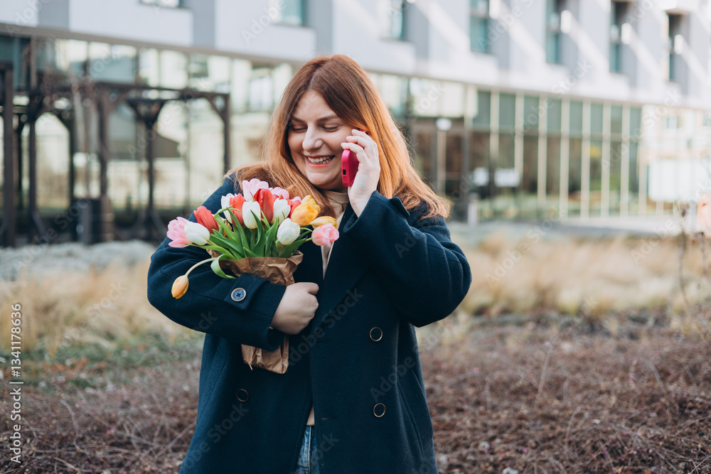 Happy 30s woman with spring tulips flowers bouquet talking on phone and look happy outdoors. Urban lifestyle concept. Spring time. Beautiful female walking on the modern city street.