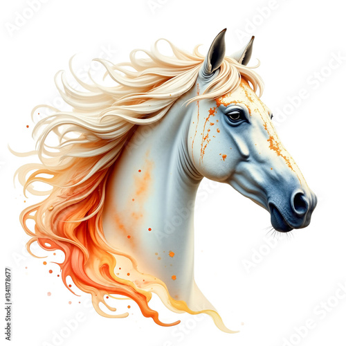 White horse head portrait color splash vibrant watercolor. Ethereal equine art for prints, design. Graceful, dreamlike. Isolated on transparent background.