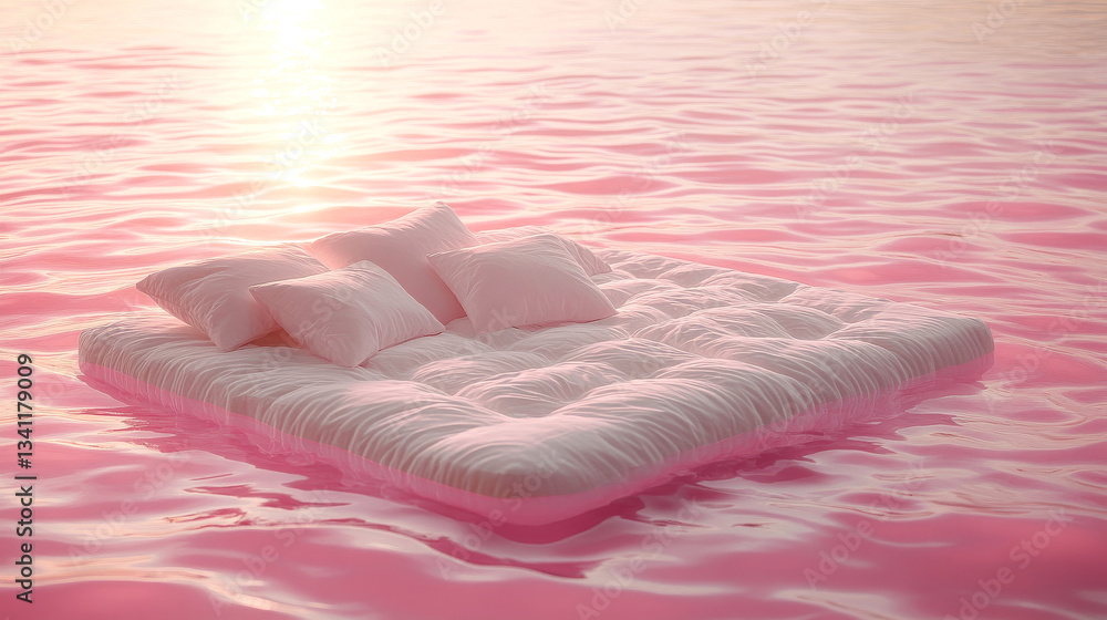 Soft white mattress floats on serene pink water at sunset with fluffy pillows surrounding it