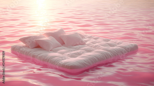 Obraz na płótnie Soft white mattress floats on serene pink water at sunset with fluffy pillows surrounding it w salonie