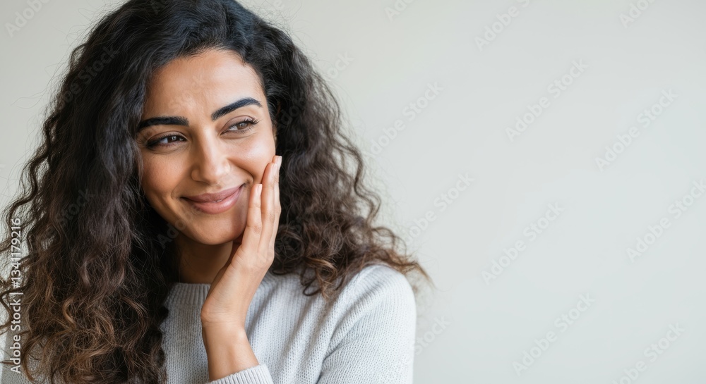 Young hispanic female smiling with curly hair in cozy sweater Young hispanic female smiling with curly hair in cozy sweater