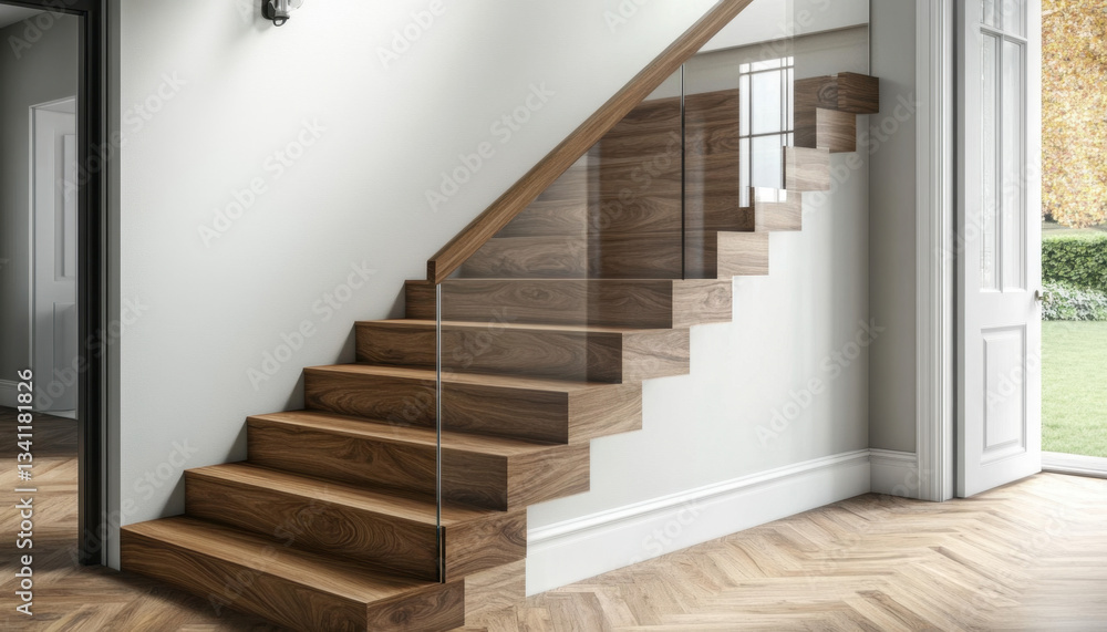 Fototapeta premium This modern wooden staircase features sleek glass railings that enhance the openness of a stylish home interior. Natural light flows through large windows, highlighting the design