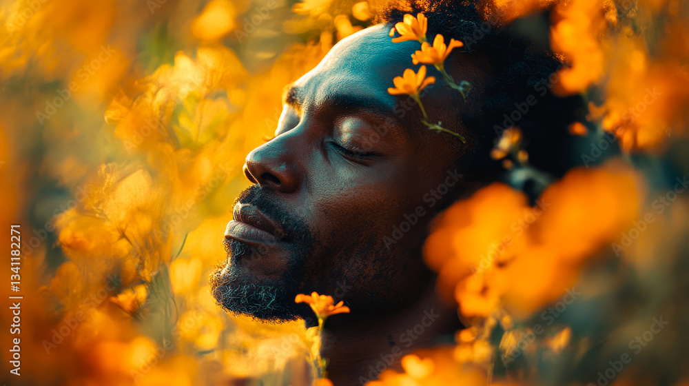 Man enjoying tranquility in a field of vibrant flowers during golden hour light