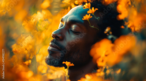 Obraz na płótnie Man enjoying tranquility in a field of vibrant flowers during golden hour light w salonie