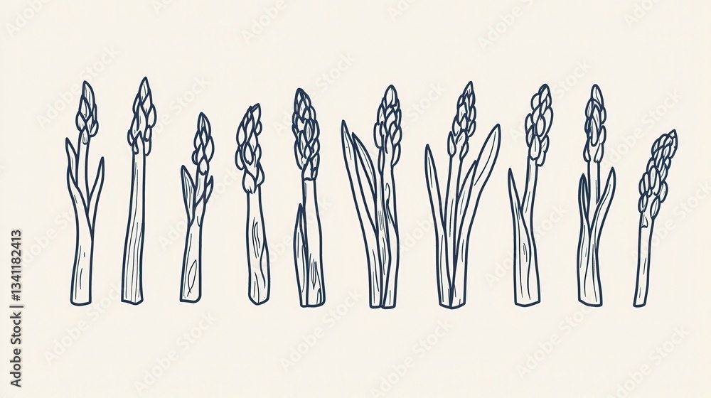 Naklejka premium Elegant Asparagus Line Art Illustrations - Spring Vegetable Drawings