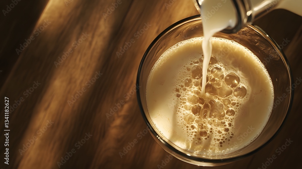 A close-up of milk being poured from a bottle into a glass on wooden surface.
A close-up of milk being poured from a bottle into a glass on wooden surface.