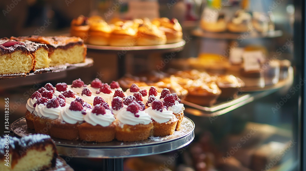 Delicious cakes displayed in pastry shop showcase Delicious cakes displayed in pastry shop showcase