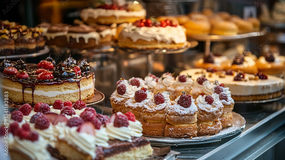 Delicious cakes displayed in pastry shop showcase Delicious cakes displayed in pastry shop showcase